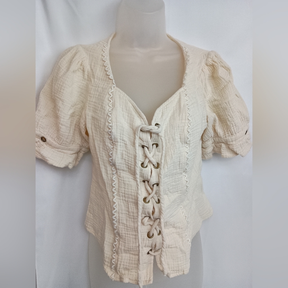 Cream Lace-Up Cotton Peasant Blouse